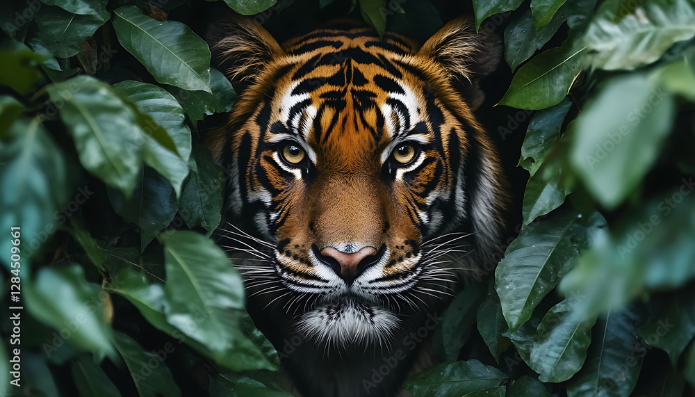 Fototapeta premium close up portrait cute striped bengal tiger staring, Generative AI