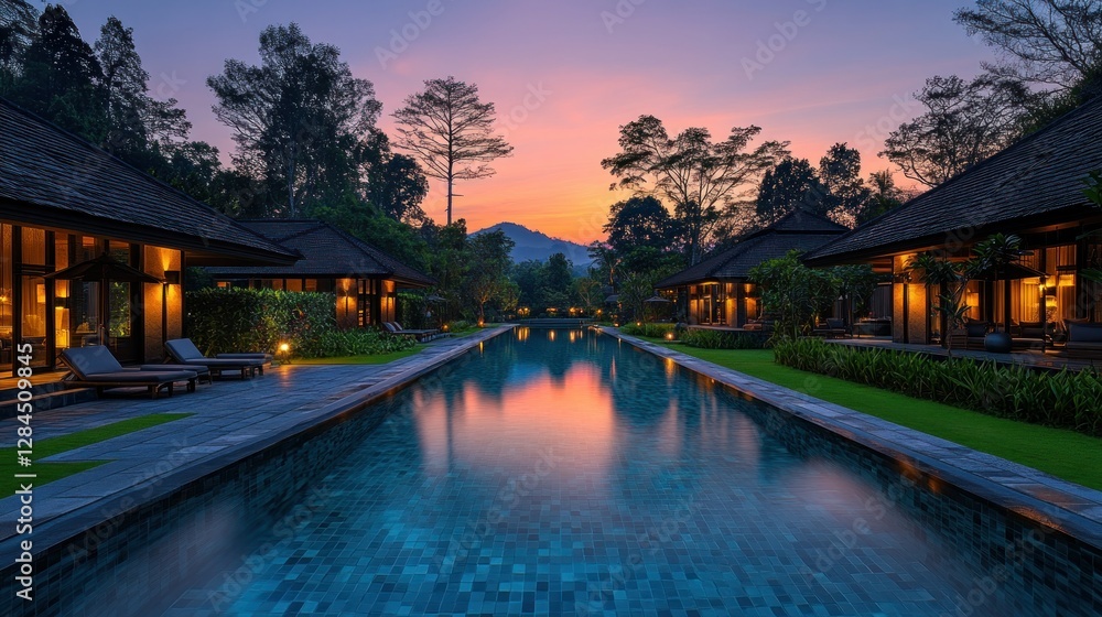 Fototapeta premium Tranquil pool villas at dusk, tropical resort