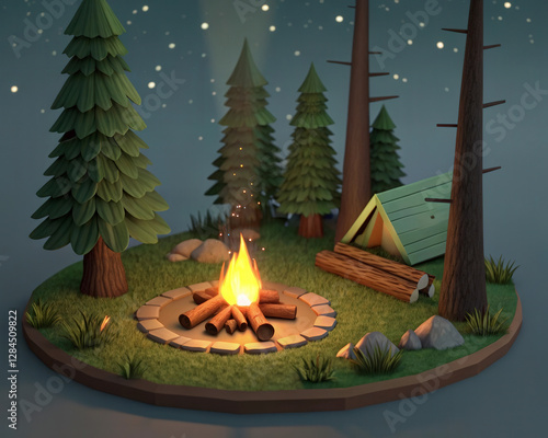 Fototapeta Naklejka Na Ścianę i Meble -  3d icon. camp fire in the forest