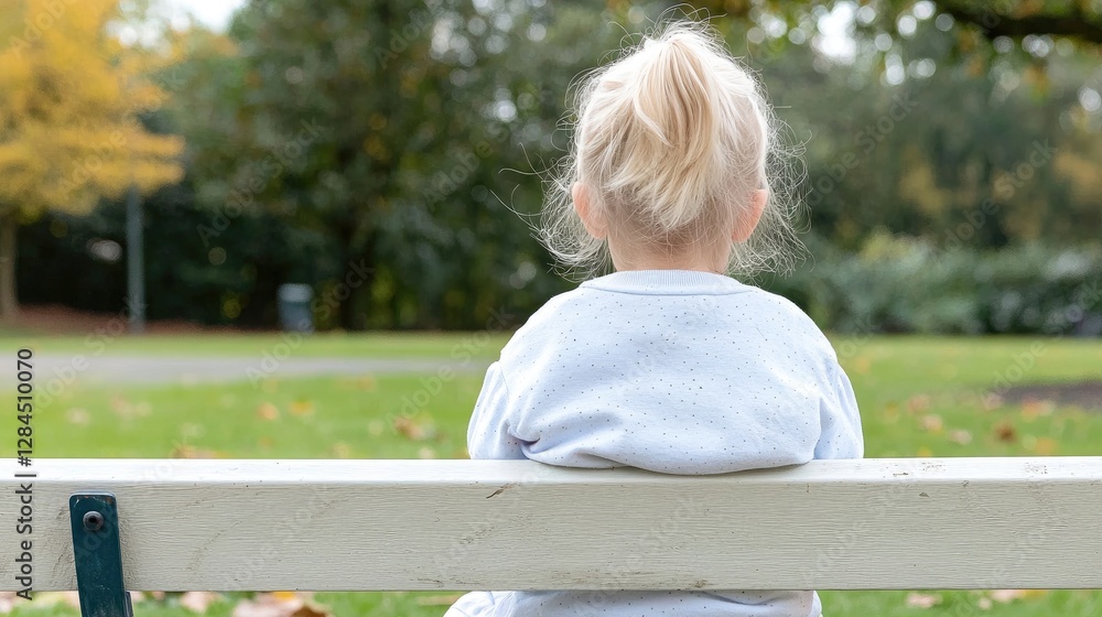 Fototapeta premium Little girl sitting alone on park bench, autumn scene, peaceful contemplation, potential for mental health awareness