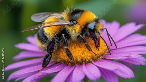 Fuzzy bee on purple flower, close-up photo