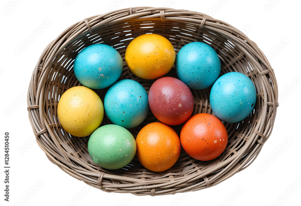 Naklejka premium a basket full of colorful Easter eggs. Each egg is unique, and their colorful patterns create a cheerful and festive mood, symbolizing the joy of spring.