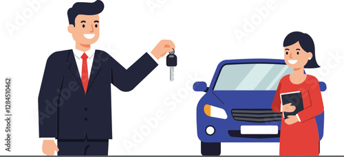 Car dealership transaction scene featuring a man handing keys to a woman in flat vector art