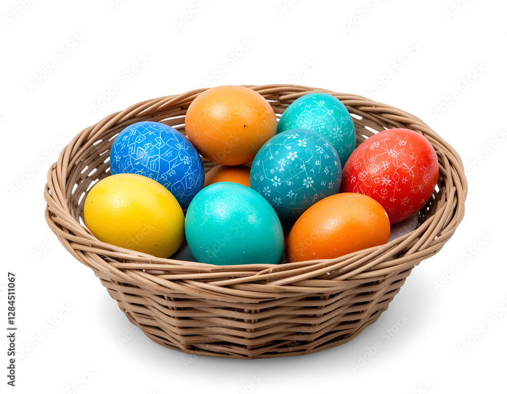 a basket full of colorful Easter eggs. Each egg is unique, and their colorful patterns create a cheerful and festive mood, symbolizing the joy of spring.