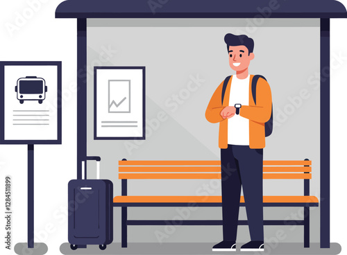 Man waiting at bus stop in flat vector illustration design style