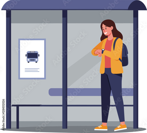 Woman waiting at bus stop in flat vector art style vector illustration