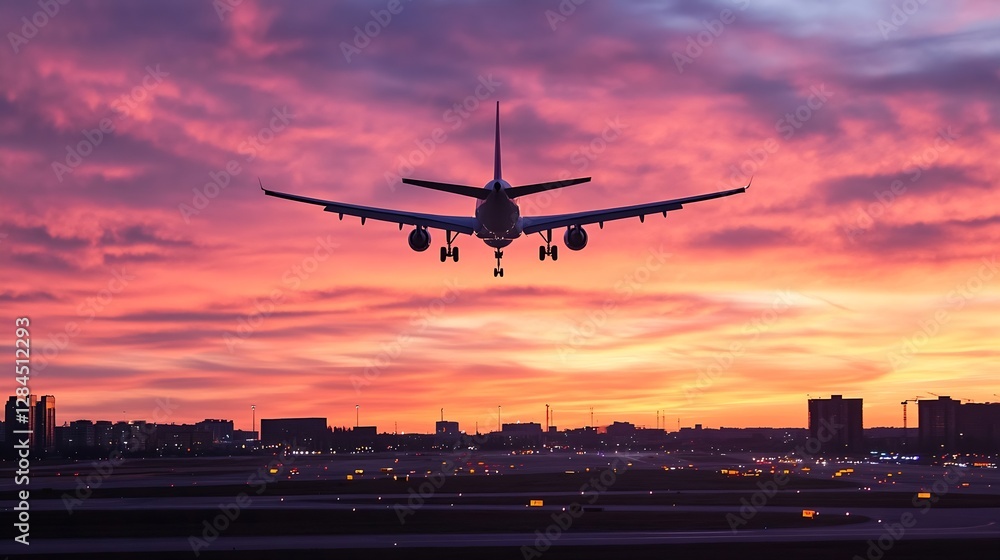 Airplane approaching for landing at sunset over a city skyline creating a stunning travel scene : Generative AI Airplane approaching for landing at sunset over a city skyline creating a stunning travel scene : Generative AI