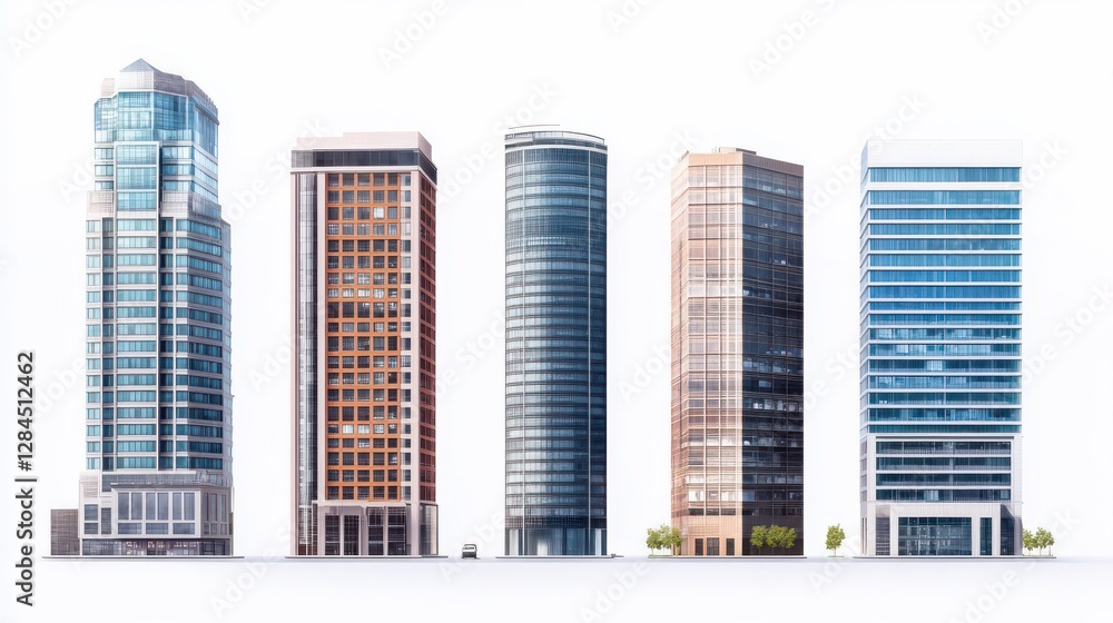Modern urban skyscrapers: five diverse architectural designs in a row Modern urban skyscrapers: five diverse architectural designs in a row