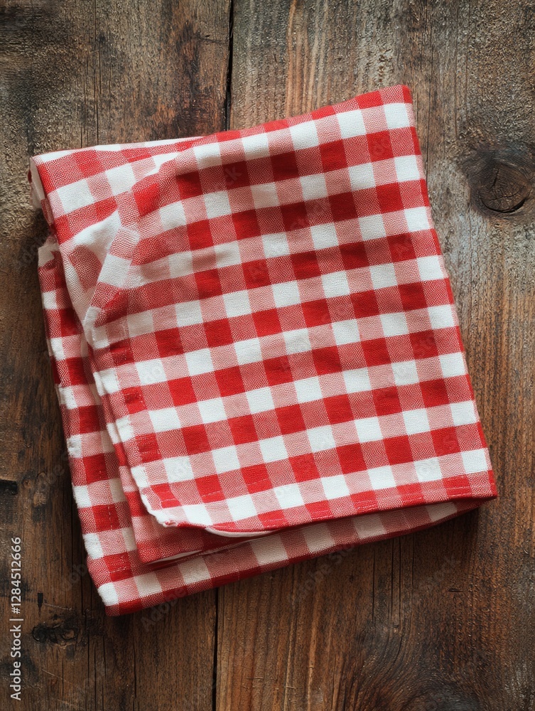Fototapeta premium Red and white checkered towel or tablecloth rolled up and neatly tucked into itself, sitting on a wooden surface, ready for use in the kitchen or dining area.