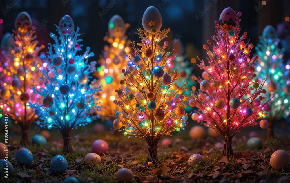 Fototapeta premium Colorful Easter Tree Grove with Lights and Egg Decorations at Night