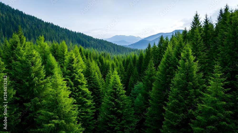 Lush Green Coniferous Forest Landscape with Distant Mountains Lush Green Coniferous Forest Landscape with Distant Mountains
