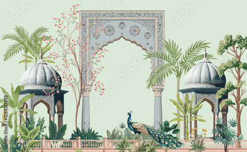 Mughal garden, arch, peacock, plant botanical landscape illustration.