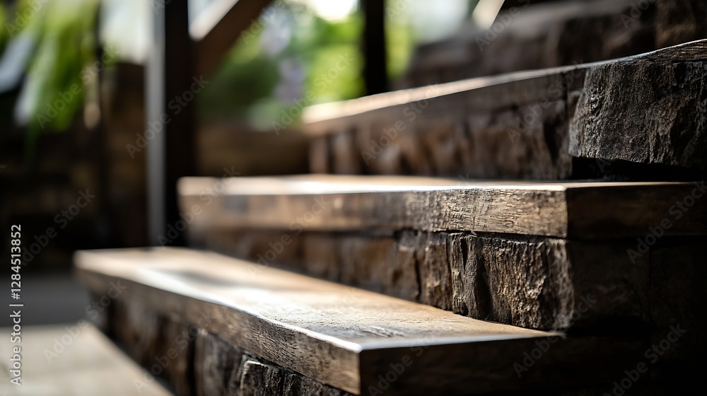 Close up of rustic wooden stairs showcasing natural textures in a well lit environment : Generative AI Close up of rustic wooden stairs showcasing natural textures in a well lit environment : Generative AI