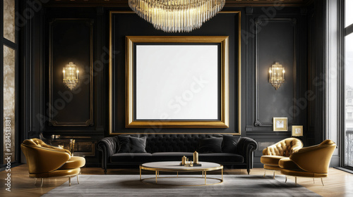 Vintage Hollywood Glamour Living Room Displaying a Frame Mockup Surrounded by Luxurious Velvet Upholstery, Elegant Chandelier Lighting, and Gold-Trimmed Furniture