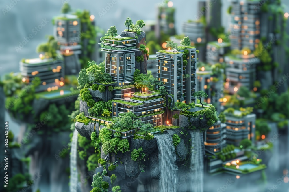 Fototapeta premium Futuristic cityscape with greenery and waterfalls in a serene environment.