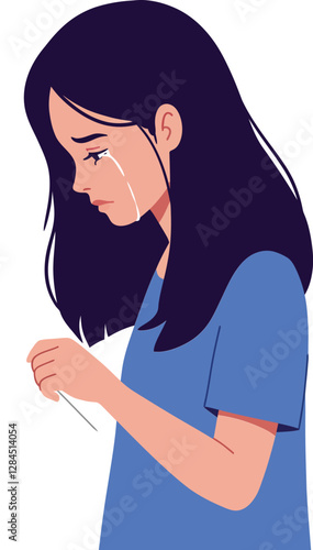 Sad young woman with tears in a blue shirt, flat vector illustration
