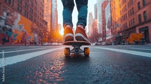 Urban skater on skateboard in city street at sunset