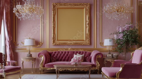 Vintage Hollywood Glamour Living Room Displaying a Frame Mockup Surrounded by Luxurious Velvet Upholstery, Elegant Chandelier Lighting, and Gold-Trimmed Furniture