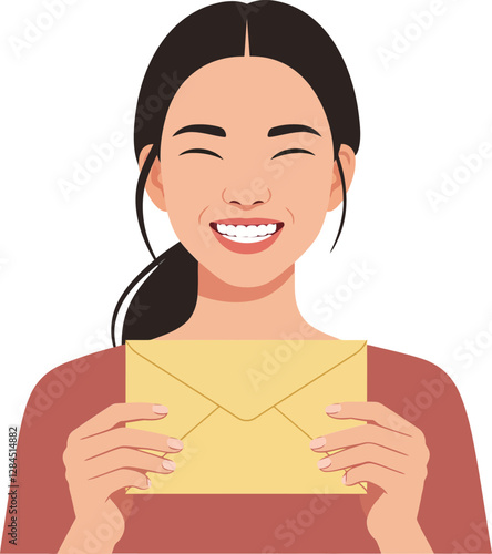 Smiling woman holding envelope in flat style vector art