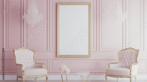 Vintage Hollywood Glamour Living Room Displaying a Frame Mockup Surrounded by Luxurious Velvet Upholstery, Elegant Chandelier Lighting, and Gold-Trimmed Furniture