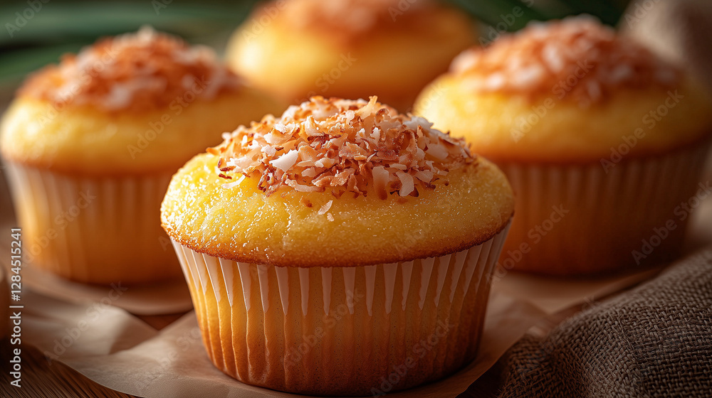 Coconut cupcake with toasted coconut topping, tropical theme in a vibrant beachside setting with sunny lighting Coconut cupcake with toasted coconut topping, tropical theme in a vibrant beachside setting with sunny lighting