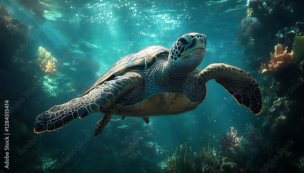 Obraz premium Turtle swimming in the ocean, Generative AI