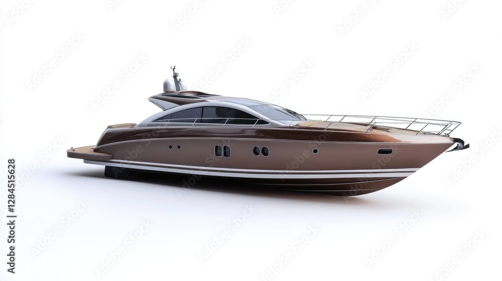 This image features a luxurious brown and white yacht designed for leisure and travel on the sea. The boat has multiple windows, a spacious deck area, and appears to be well-maintained.