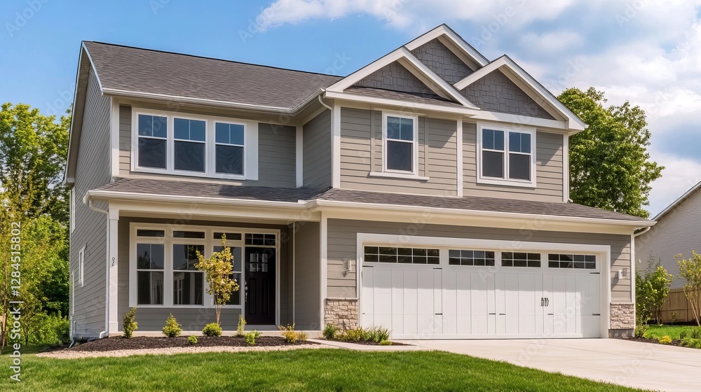 Beautiful Two Story Suburban Home Exterior Gray Siding White Garage Modern House Real Estate Residential Property New Construction Dream Home Family Beautiful Two Story Suburban Home Exterior Gray Siding White Garage Modern House Real Estate Residential Property New Construction Dream Home Family