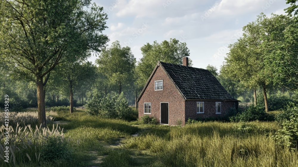 Charming peat hut of brown bricks and black wood nestled in lush green drenthe landscape Charming peat hut of brown bricks and black wood nestled in lush green drenthe landscape