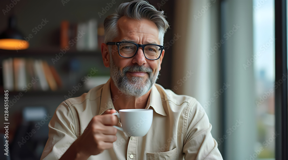 Elegant Grey-Haired Man with Coffee, Mature, Professional Look Elegant Grey-Haired Man with Coffee, Mature, Professional Look