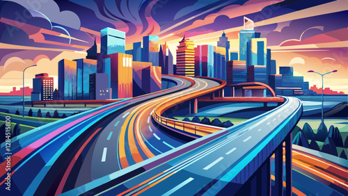 Long exposure motion blur of highway leading to city