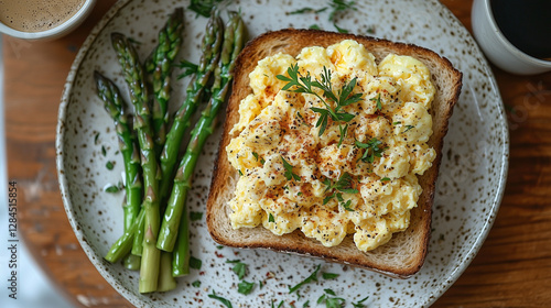 Wallpaper Mural Asparagus and scrambled eggs on sourdough toast, cozy breakfast setting with coffee in natural daylight Torontodigital.ca