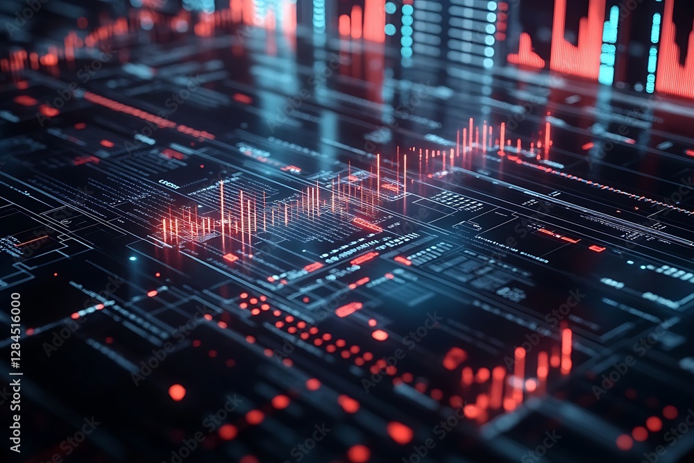Futuristic digital abstract data visualization in red and blue color tones Futuristic digital abstract data visualization in red and blue color tones