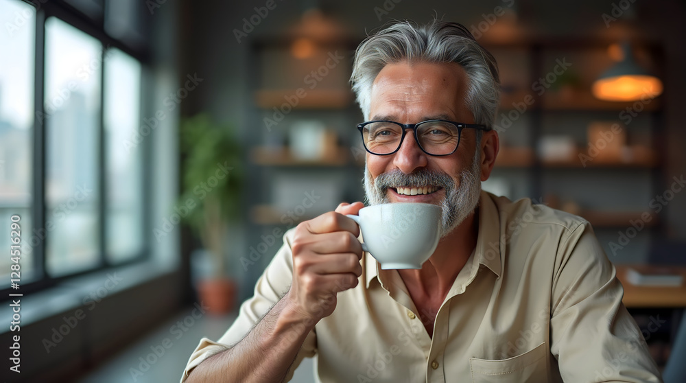 Elegant Grey-Haired Man with Coffee, Mature, Professional Look Elegant Grey-Haired Man with Coffee, Mature, Professional Look