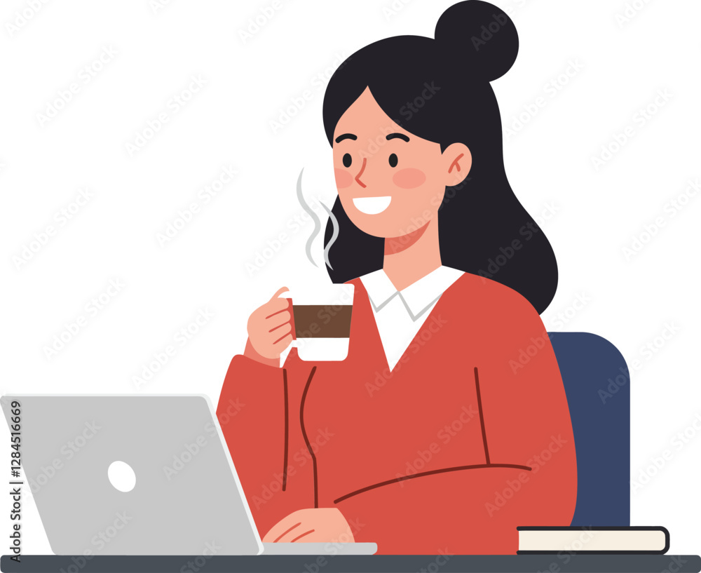 Woman enjoying coffee while working on laptop in flat vector illustration Woman enjoying coffee while working on laptop in flat vector illustration