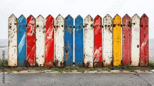 Colorful weathered fence by the sea road