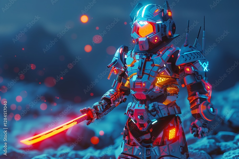 Fototapeta premium Futuristic soldier in advanced armor wielding a glowing sword in a sci-fi landscape.
