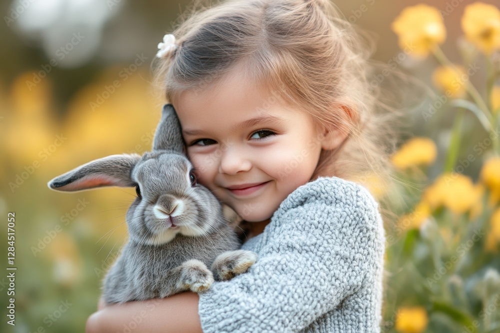 Young girl joyfully cuddles a gray rabbit in a flower-filled meadow during late afternoon Young girl joyfully cuddles a gray rabbit in a flower-filled meadow during late afternoon