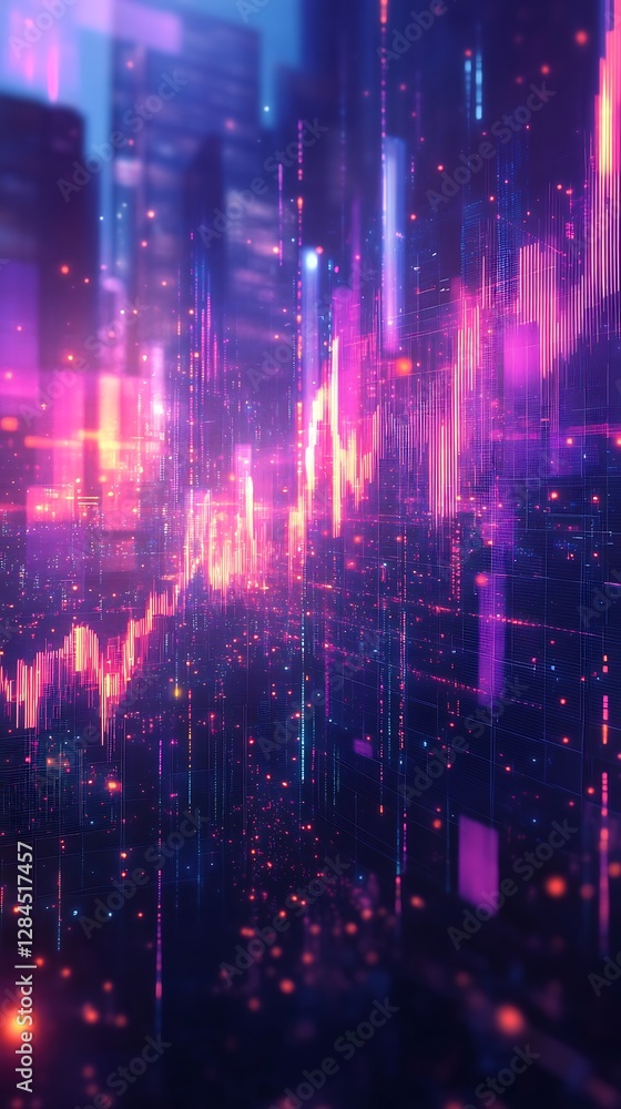 Digital glowing cityscape with vibrant data charts displaying growth Digital glowing cityscape with vibrant data charts displaying growth