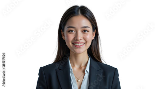 This image features a smiling businesswoman in a suit, isolated on a transparent background, symbolizing the integration of AI technology in modern professional environments.
