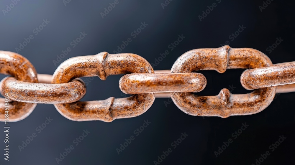 Fototapeta premium Close-up rusty metal chain, dark background, strength, security