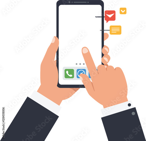 Hands interacting with smartphone interface in minimal flat design vector art