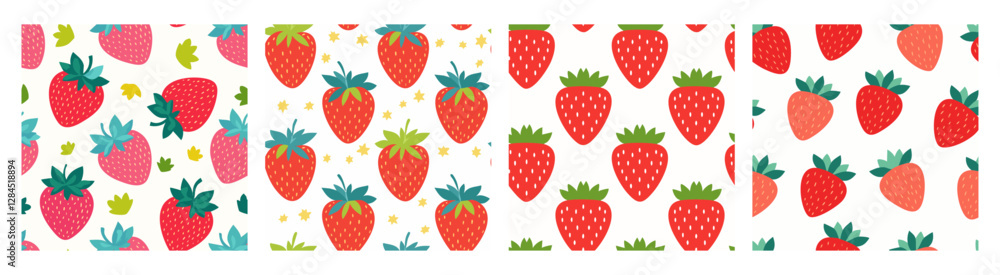 Four lovely patterns showcasing vibrant and colorful strawberries ideal for creative designs wallpaper or packaging. Four lovely patterns showcasing vibrant and colorful strawberries ideal for creative designs wallpaper or packaging.