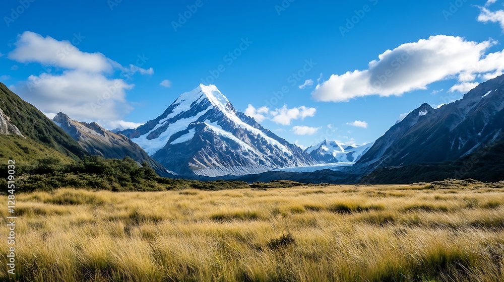 Fototapeta premium Majestic Mountain Landscape with Glaciers Under a Clear Blue Sky and Green Hills : Generative AI
