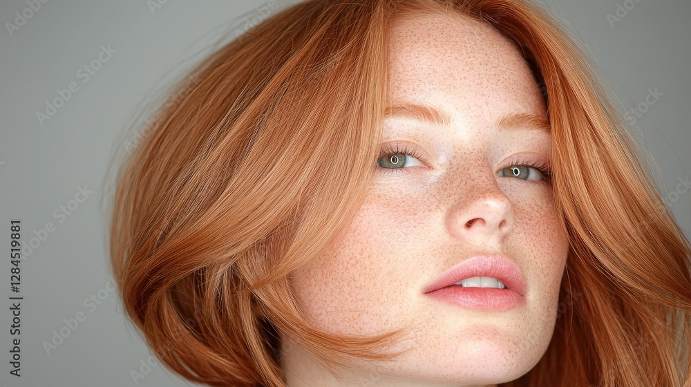 Naklejka premium Close-up portrait redhead woman, grey background