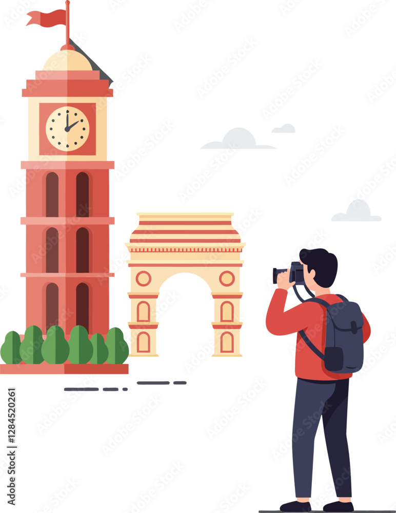 Naklejka premium Tourist capturing moments of iconic landmarks in minimal vector illustration style vector art