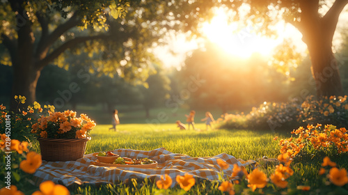 A happy family having a picnic in a sunny park, blanket spread on the grass, basket with food, children playing