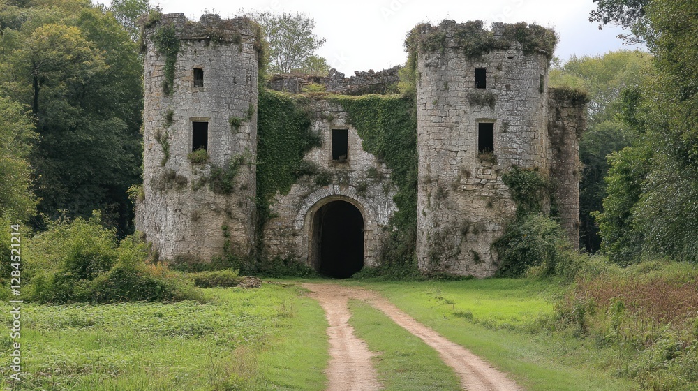 Overgrown stone castle ruins with a dirt road leading to its arched entrance, set amidst lush greenery. Overgrown stone castle ruins with a dirt road leading to its arched entrance, set amidst lush greenery.