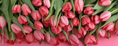 Pink tulips with lush green leaves on a pink surface for a vibrant floral arrangement