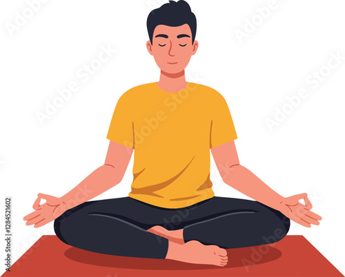 Calm man meditating in yoga pose with minimal flat design vector art